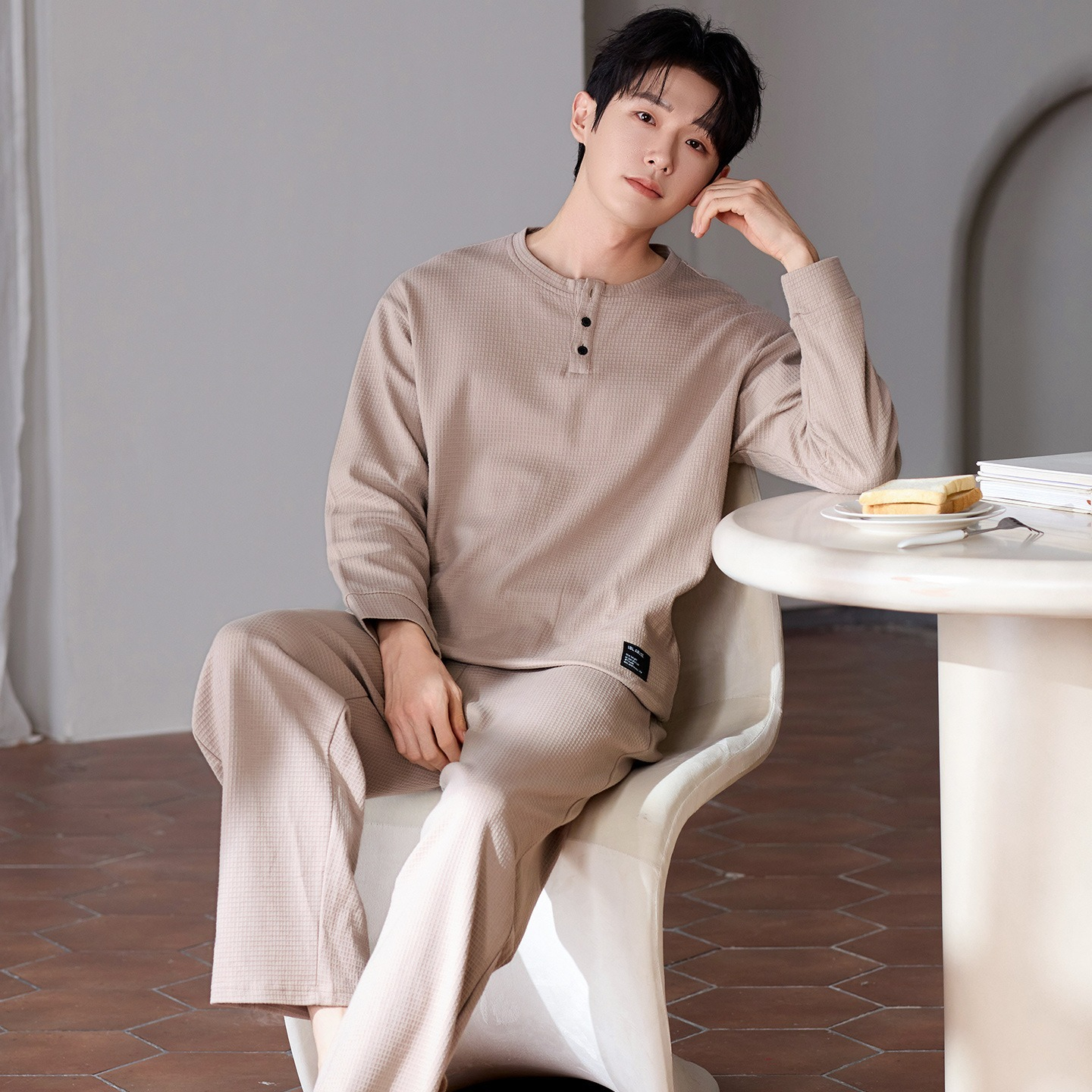 【雲感親膚可外穿】華夫格純棉長袖四季大碼睡衣可外穿男士家居服套裝