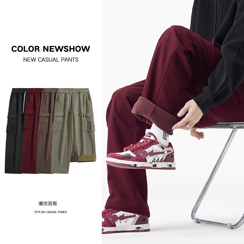 【燈芯絨工裝褲】冬季新款高品質燈芯絨加絨寬鬆闊腿直筒休閑工裝褲
