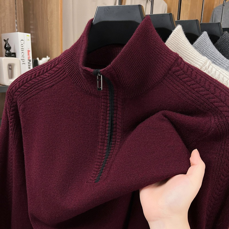 【高級半拉鏈提花設計】精選羊毛蓄熱保暖半拉鏈提花立領針織男士打底衫長袖