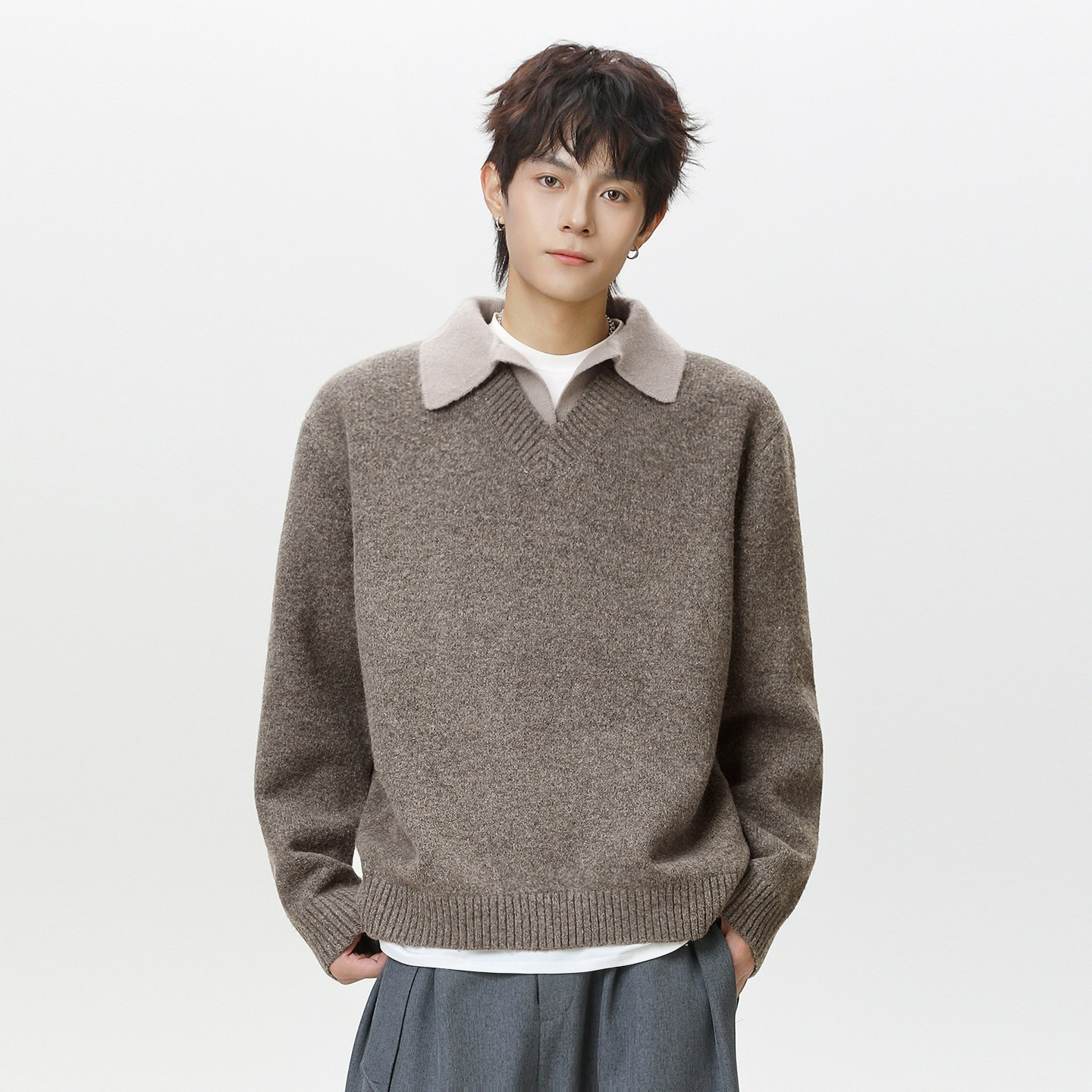 【高質感老錢風】假兩件V領復古毛衣翻領POLO男士針織衫