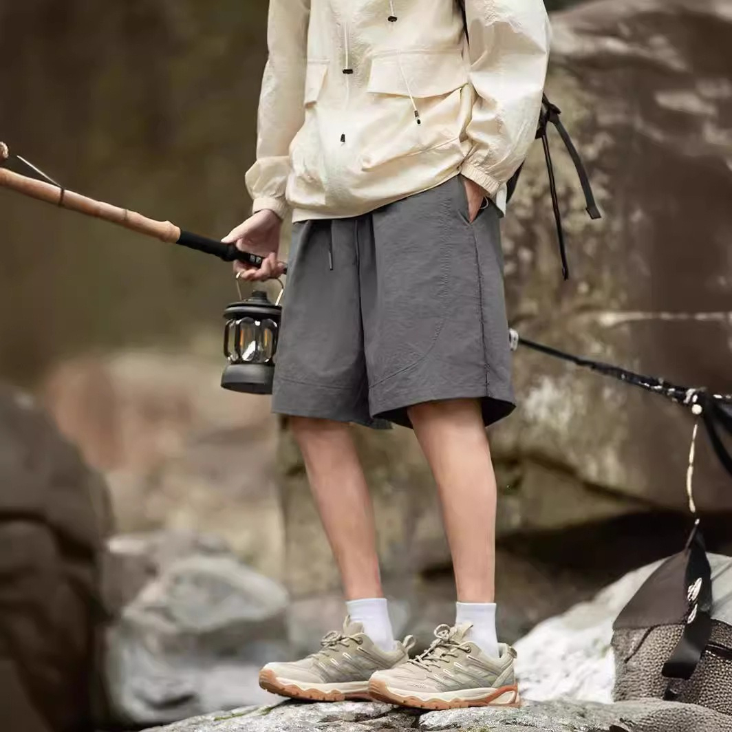 【冰絲防水】復古純色運動闊腿五分短褲