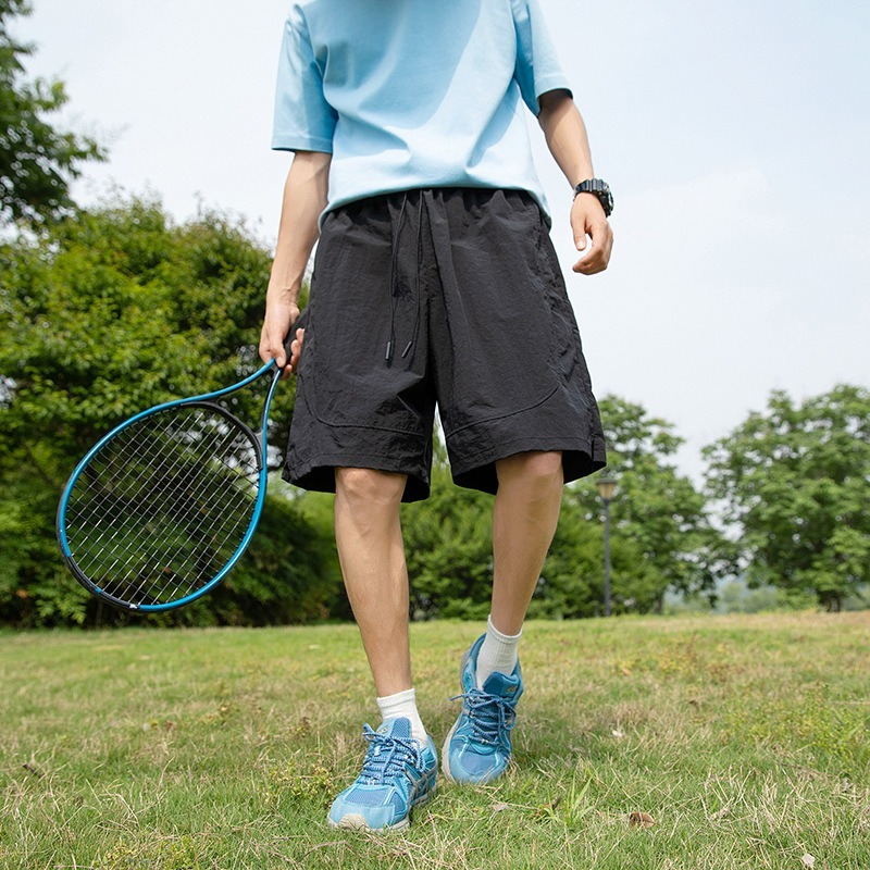 【冰絲防水】復古純色運動闊腿五分短褲