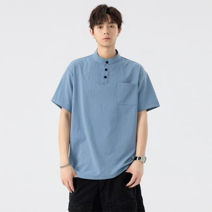 【大碼速乾】日系復古立領抗皺速乾透氣短袖