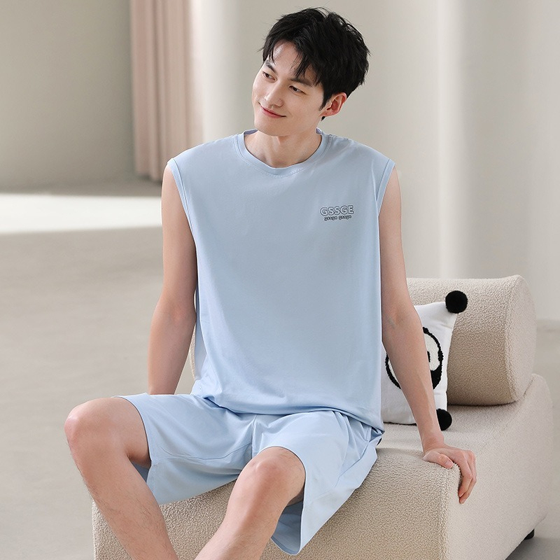 【親膚莫代爾】夏季莫代爾撞色背心無袖可外穿男士睡衣套裝