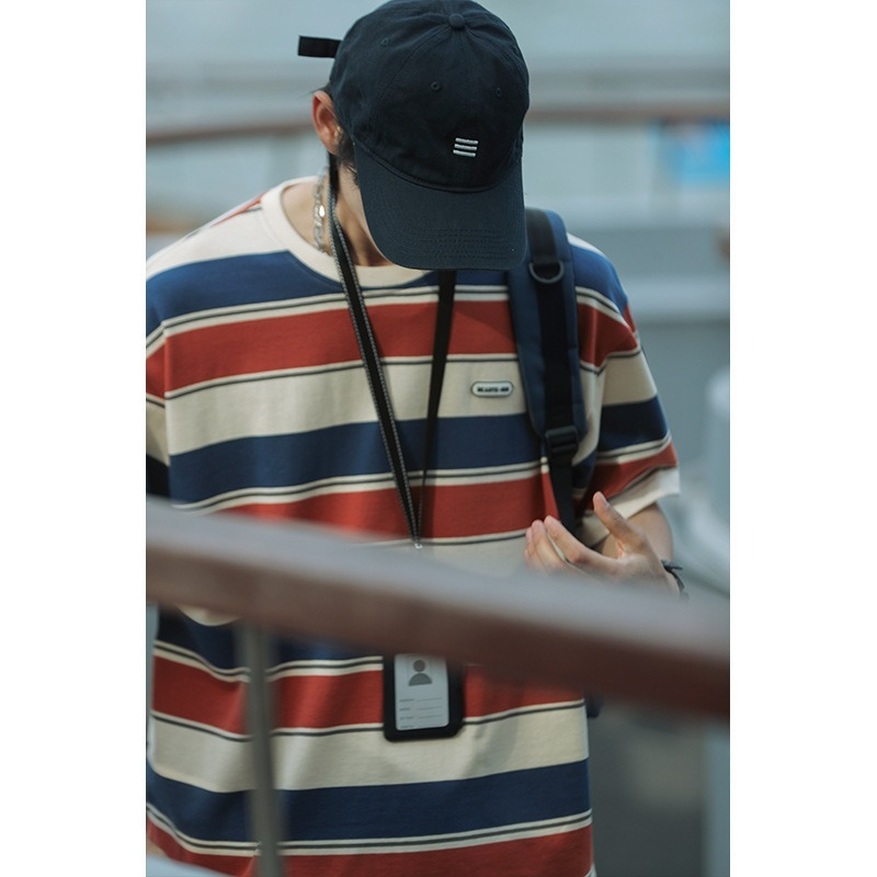 撞色条纹短袖T恤男2024夏季新款日系复古潮牌宽松体恤