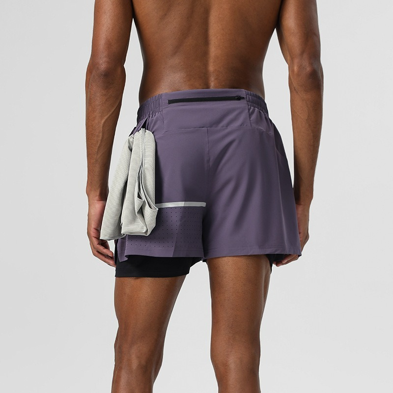 2025新款假两件运动短裤弹力透气三分裤马拉松训练反光条健身短裤