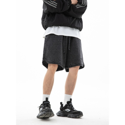 男装下摆三角开叉设计牛仔短裤男夏季新款美潮绣花宽松五分裤