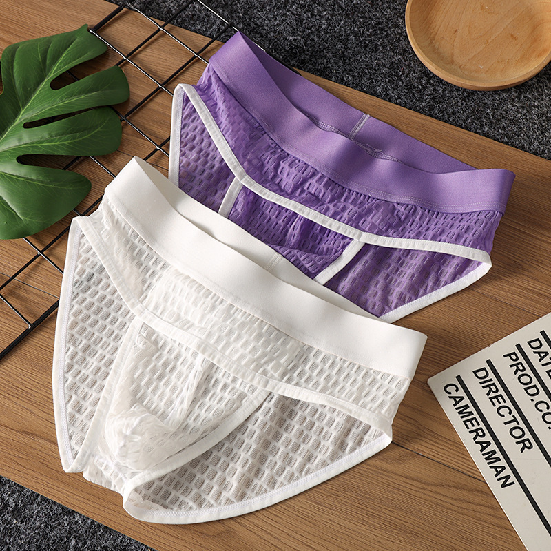 跨境男士三角蕾丝内裤冰丝青年中腰三角裤男透明调情成人三角裤衩