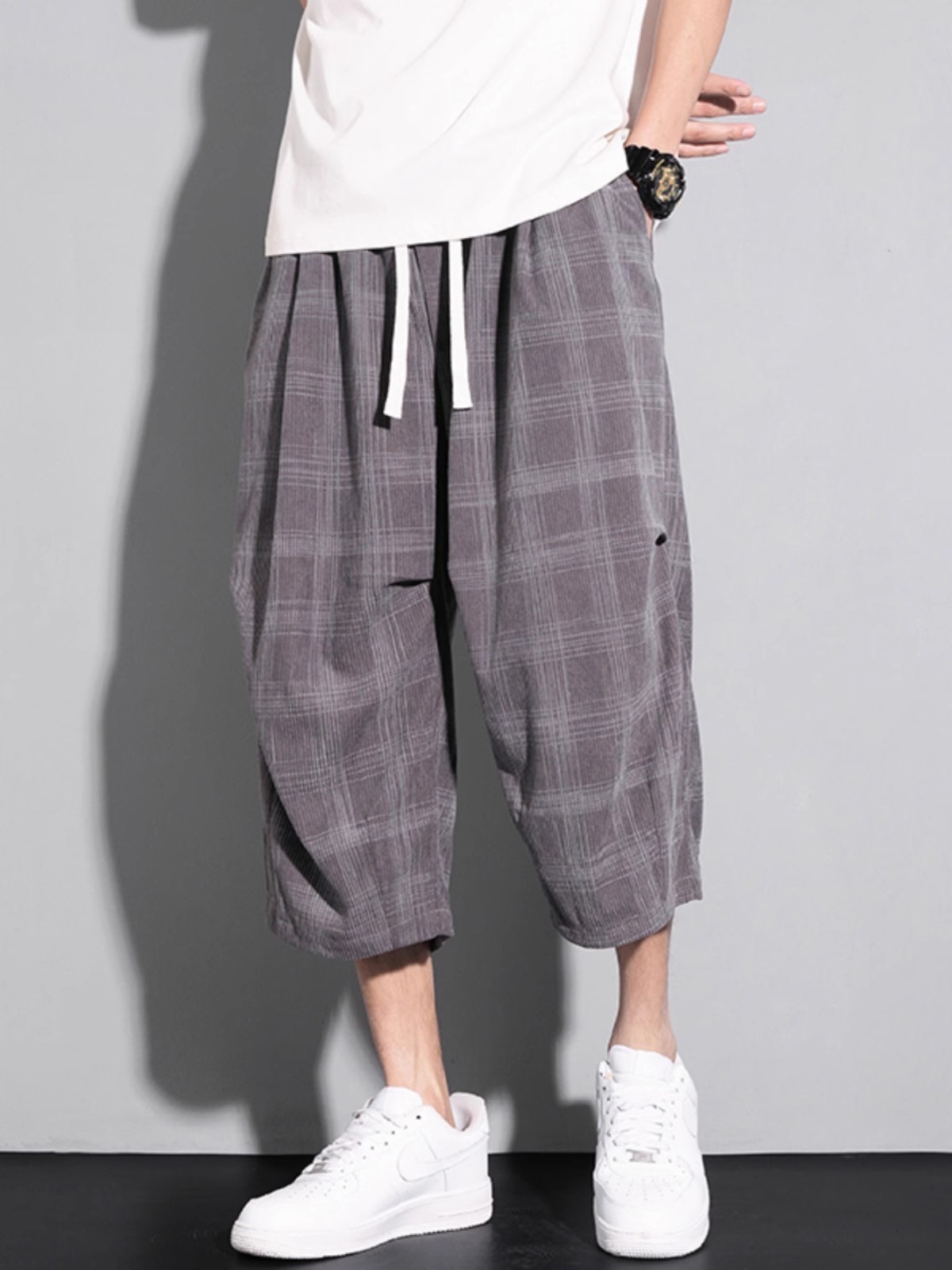 【日系格子】冰感透氣七分褲垂感寬鬆菠蘿褲短褲