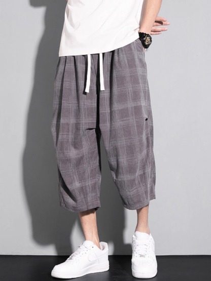 【日系格子】冰感透氣七分褲垂感寬鬆菠蘿褲短褲