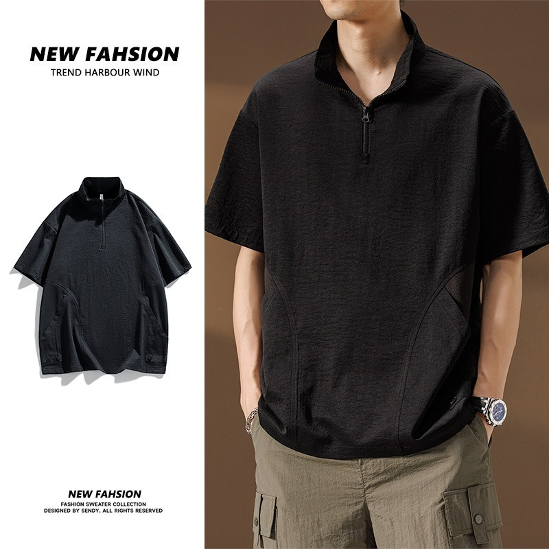 【簡約日系】夏季薄款冰絲速乾撞色口袋翻領男士T恤