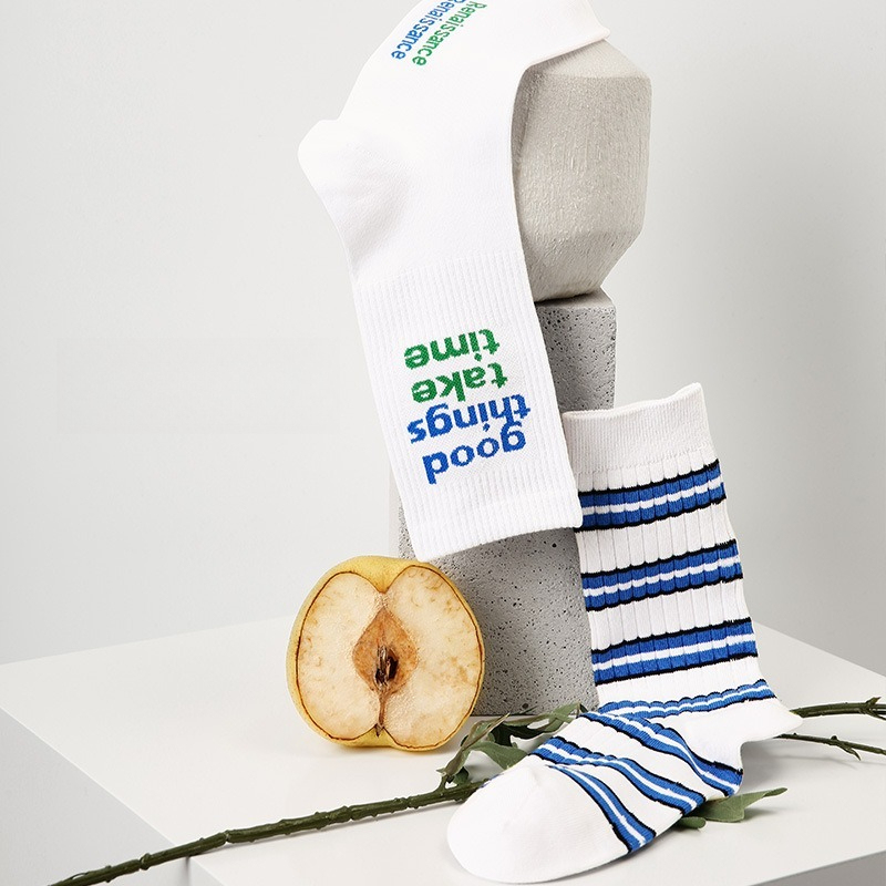【經典字母條紋】文藝潮流小衆設計中筒運動襪男襪
