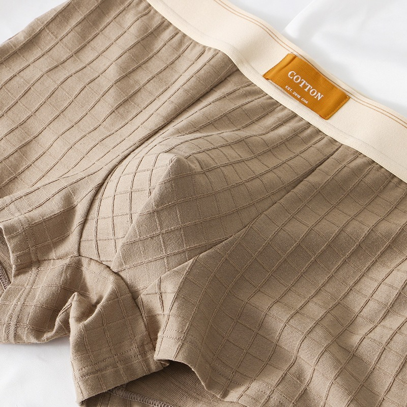 【純棉透氣系列】網孔內襠格紋中腰純色平角男士內褲