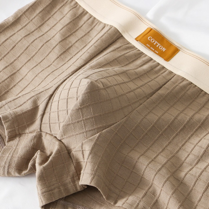 【純棉透氣系列】網孔內襠格紋中腰純色平角男士內褲