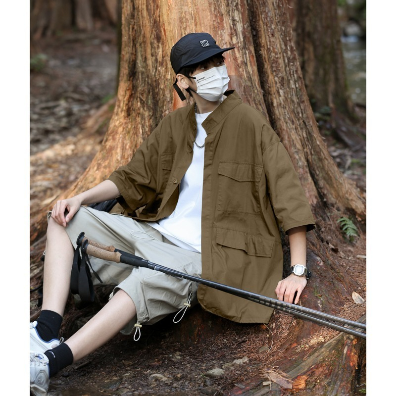 夏季新款日系复古工装衬衫男女百搭短袖宽松情侣外套五分袖四口袋