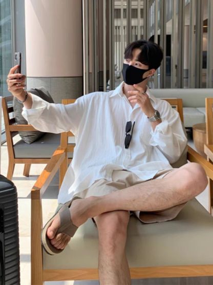 【美式慵懶風】透氣亞麻寬鬆長袖工裝百搭襯衣