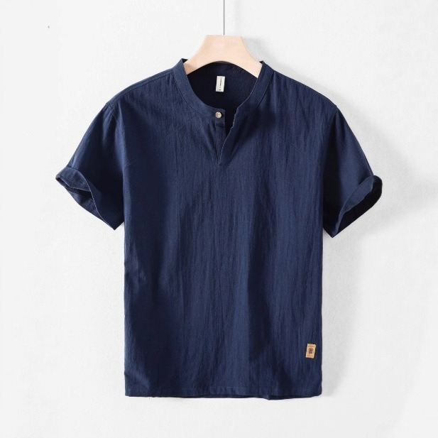 【立领亚麻】透氣棉麻五分袖套头衬衣短袖