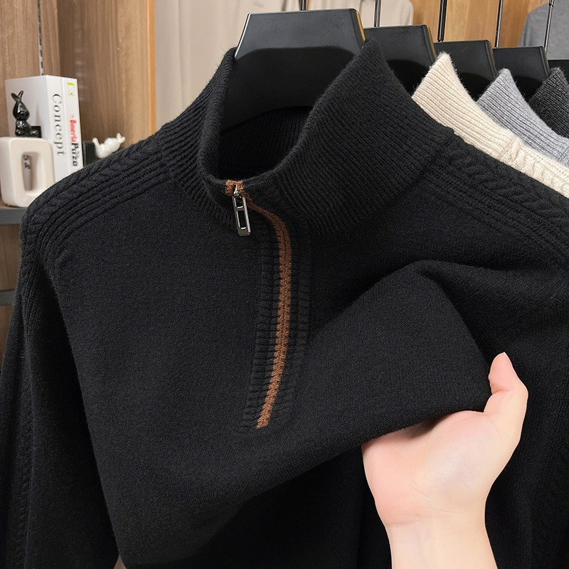 【高級半拉鏈提花設計】精選羊毛蓄熱保暖半拉鏈提花立領針織男士打底衫長袖