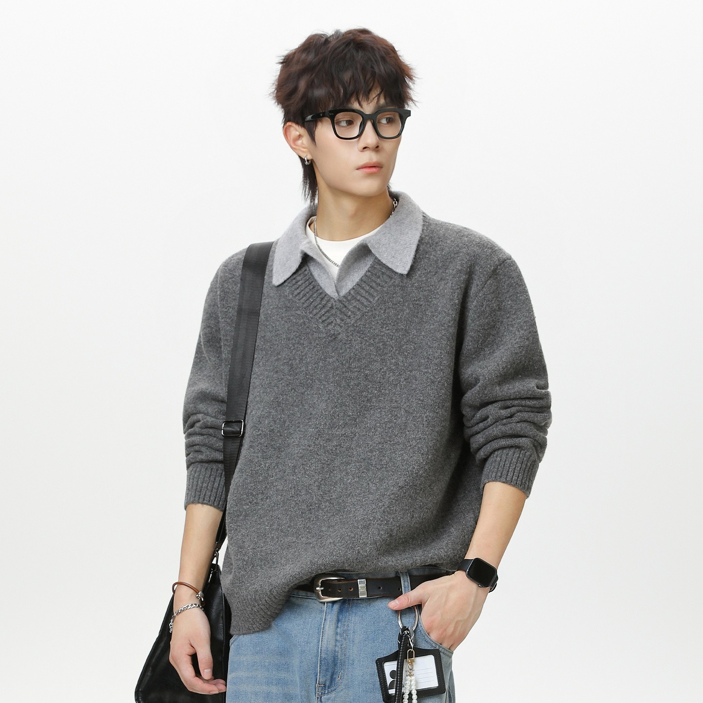 【高質感老錢風】假兩件V領復古毛衣翻領POLO男士針織衫