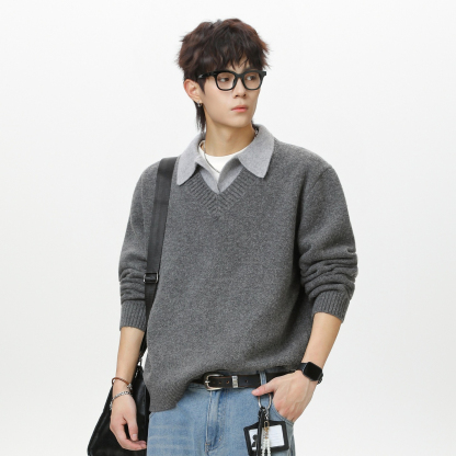 【高質感老錢風】假兩件V領復古毛衣翻領POLO男士針織衫