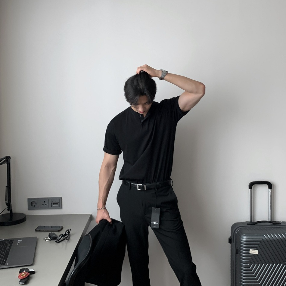 【美式復古】夏日重磅短袖T賉polo衫成熟穩重緊袖口硬漢亨利衫