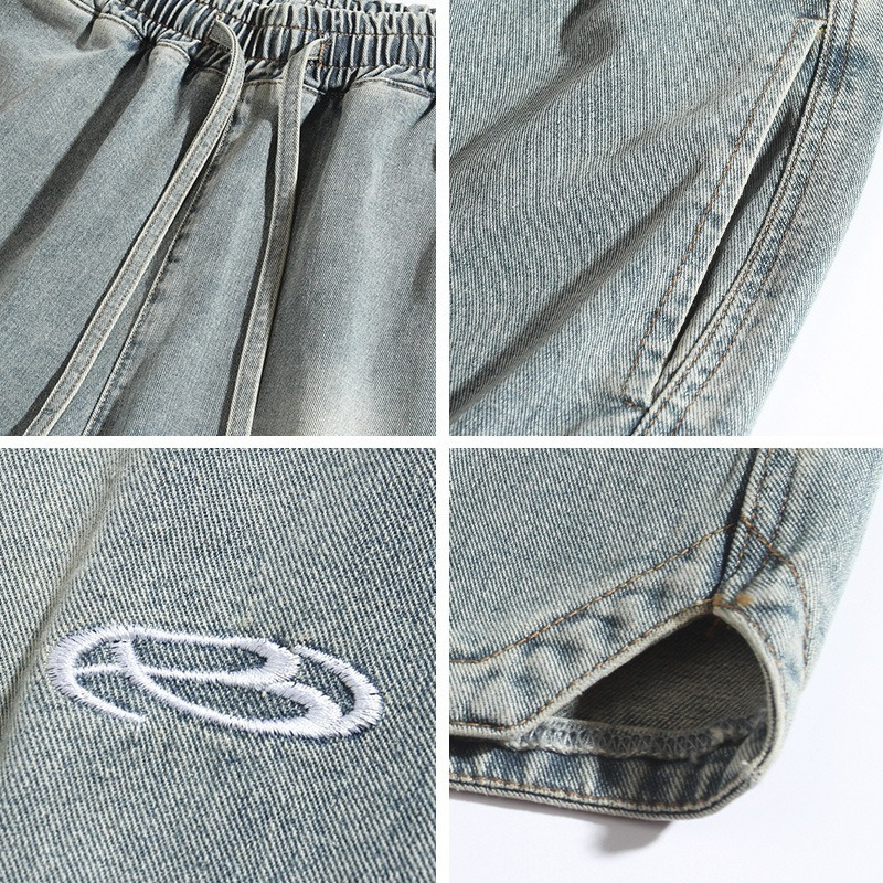 男装下摆三角开叉设计牛仔短裤男夏季新款美潮绣花宽松五分裤