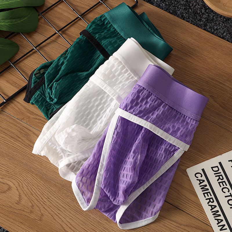 跨境男士三角蕾丝内裤冰丝青年中腰三角裤男透明调情成人三角裤衩
