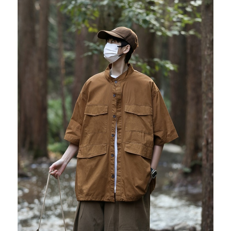 夏季新款日系复古工装衬衫男女百搭短袖宽松情侣外套五分袖四口袋