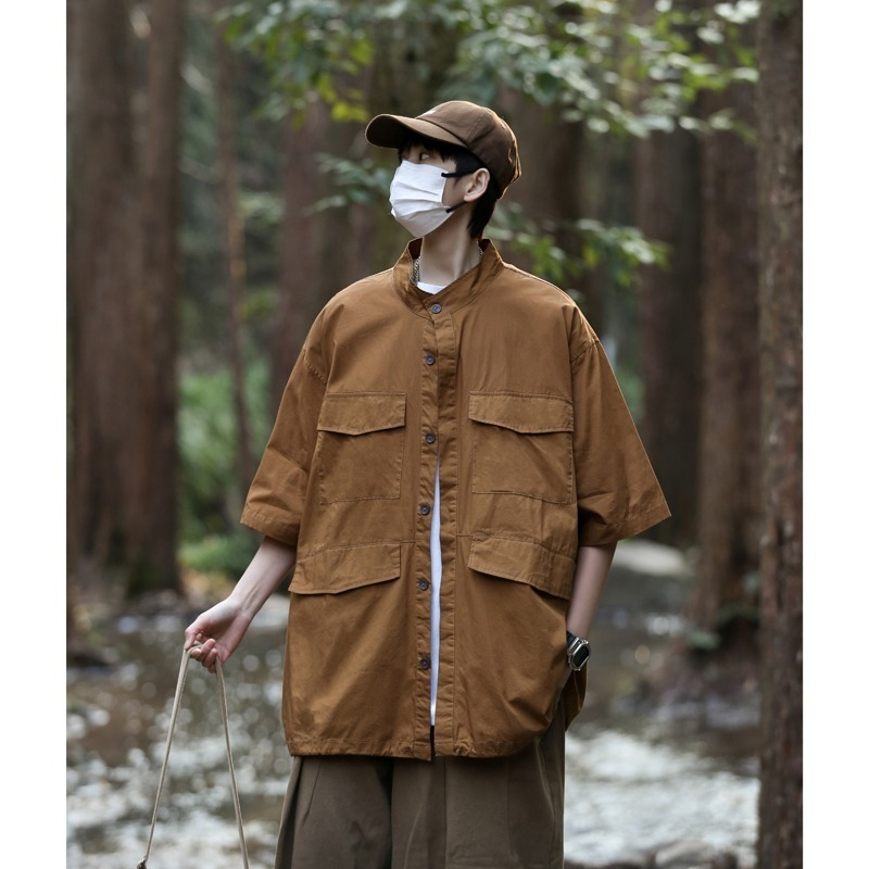 夏季新款日系复古工装衬衫男女百搭短袖宽松情侣外套五分袖四口袋