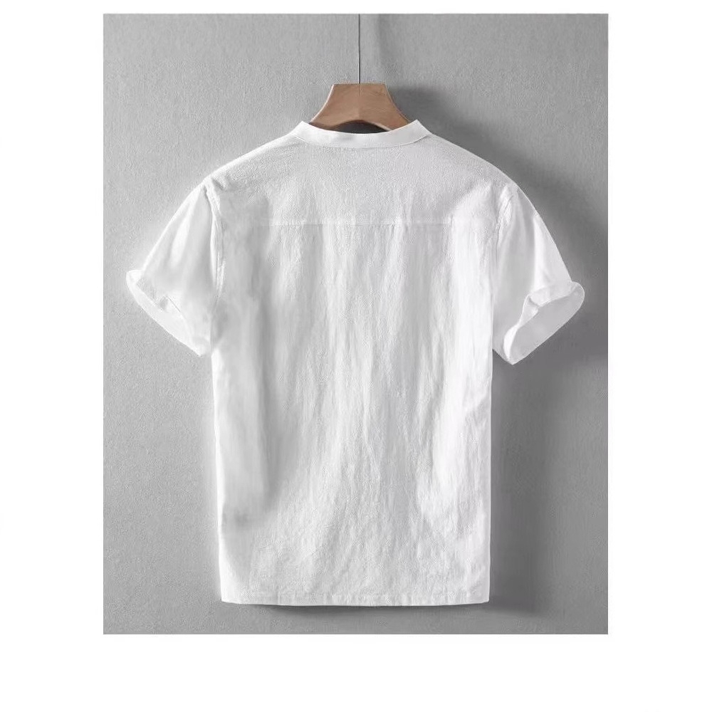 【立领亚麻】透氣棉麻五分袖套头衬衣短袖