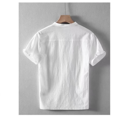 【立领亚麻】透氣棉麻五分袖套头衬衣短袖