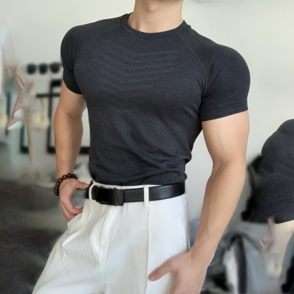 【速乾修身】美式提花鯊紋短袖訓練健身彈力T恤