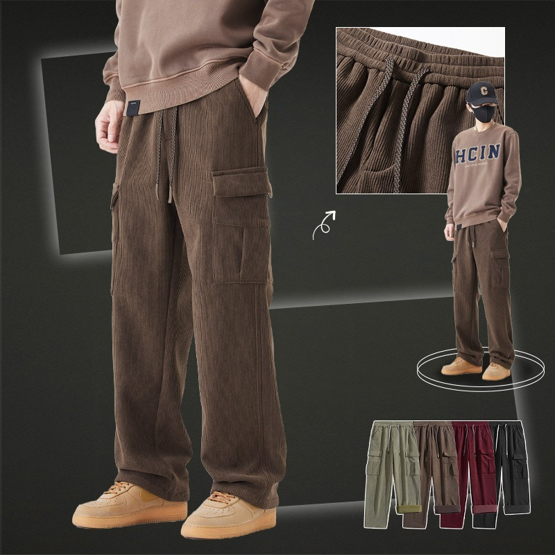 【燈芯絨工裝褲】冬季新款高品質燈芯絨加絨寬鬆闊腿直筒休閑工裝褲