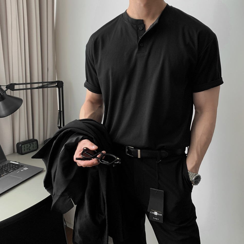 【美式復古】夏日重磅短袖T賉polo衫成熟穩重緊袖口硬漢亨利衫