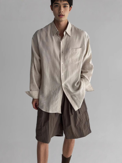 【美式慵懶風】透氣亞麻寬鬆長袖工裝百搭襯衣