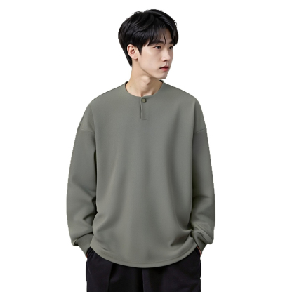 【復古老錢風】秋季新款亨利領紐扣260g斜紋棉男士衛衣