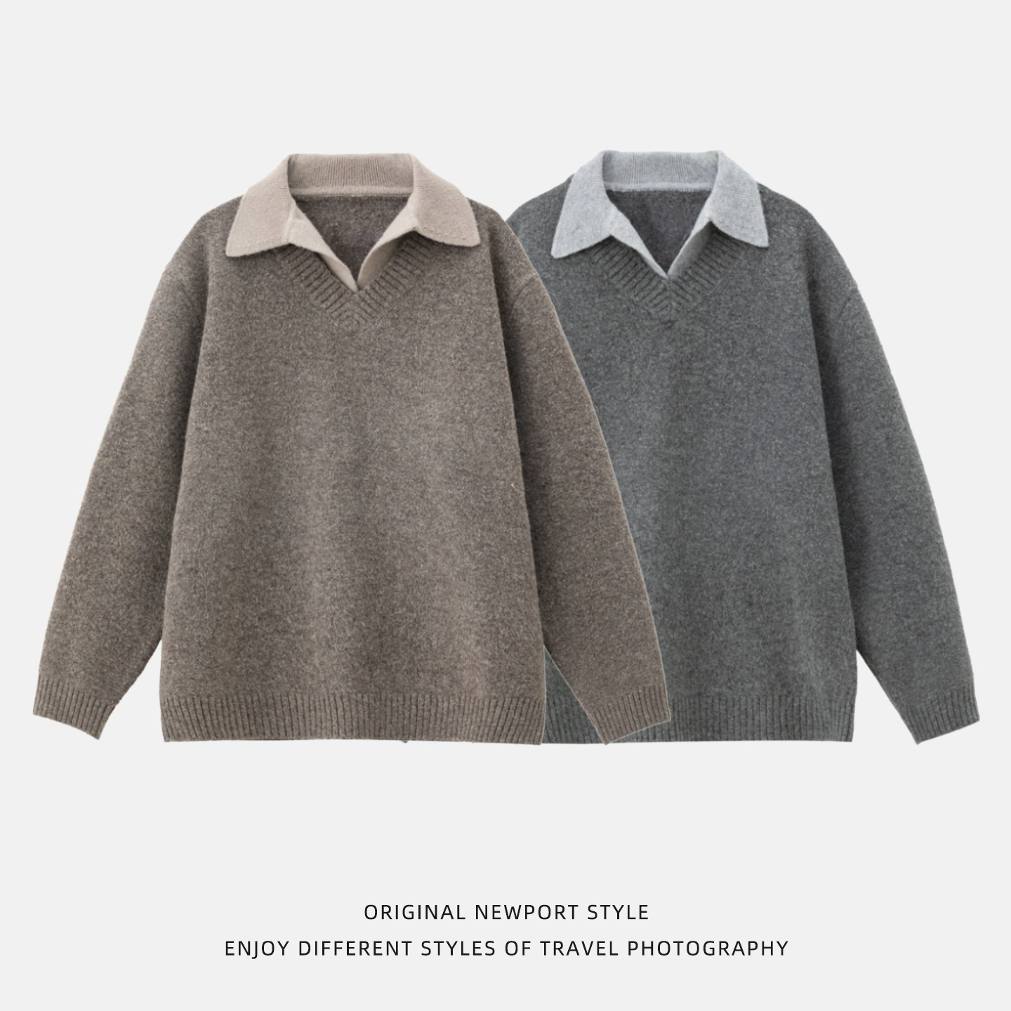 【高質感老錢風】假兩件V領復古毛衣翻領POLO男士針織衫