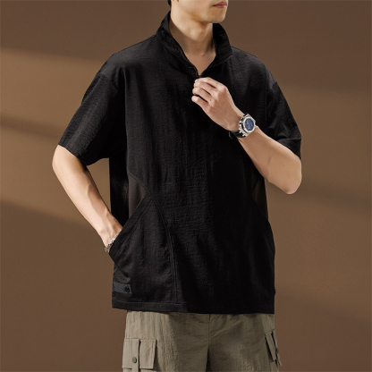 【簡約日系】夏季薄款冰絲速乾撞色口袋翻領男士T恤