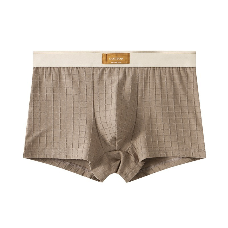 【純棉透氣系列】網孔內襠格紋中腰純色平角男士內褲