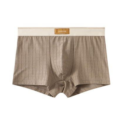 【純棉透氣系列】網孔內襠格紋中腰純色平角男士內褲