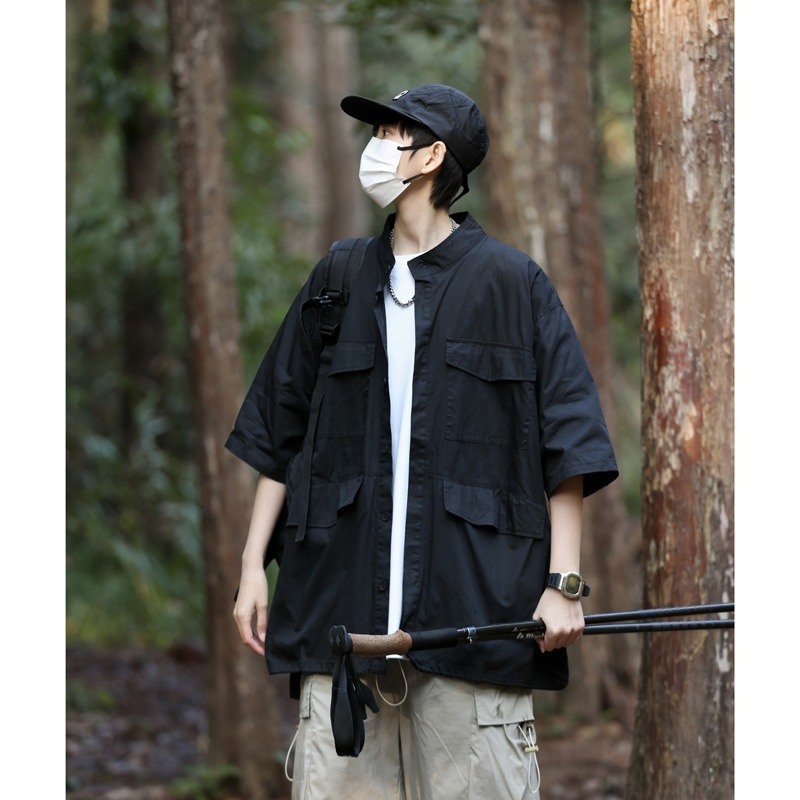 夏季新款日系复古工装衬衫男女百搭短袖宽松情侣外套五分袖四口袋