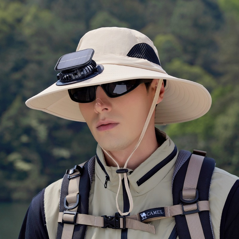 【太陽能風扇涼感加倍】大帽簷防曬透氣網格速乾防曬戶外露營徒步漁夫帽