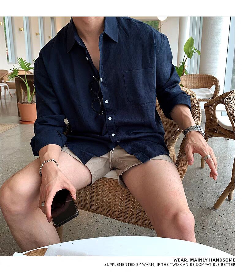 【美式慵懶風】透氣亞麻寬鬆長袖工裝百搭襯衣