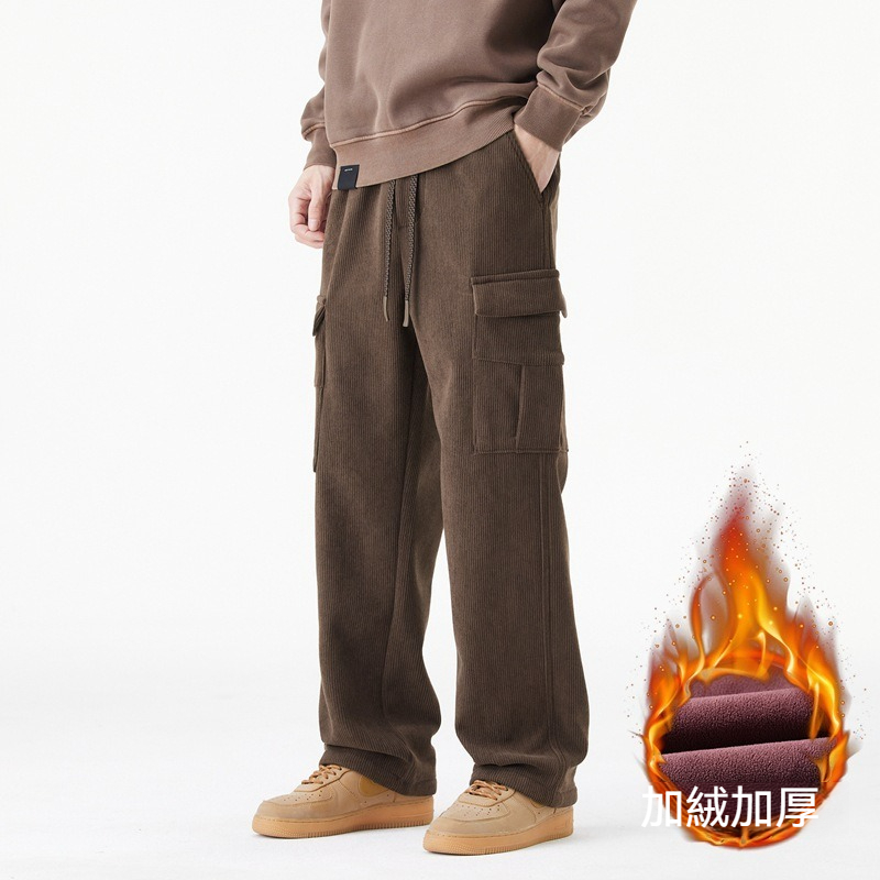 【燈芯絨工裝褲】冬季新款高品質燈芯絨加絨寬鬆闊腿直筒休閑工裝褲