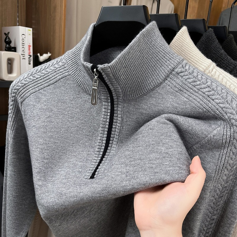 【高級半拉鏈提花設計】精選羊毛蓄熱保暖半拉鏈提花立領針織男士打底衫長袖