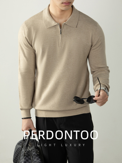 【輕奢商務系列】輕柔莫代爾羊毛半拉鏈翻領時尚百搭男士針織衫