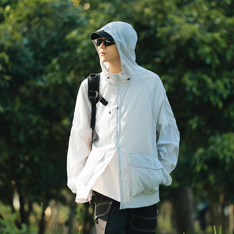 【質感防曬系列】可調節抽繩下擺~新款透氣鬆緊袖大口袋防蚊連帽防曬衣