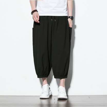 【簡約日系】冰絲潮流七分褲側邊口袋燈籠褲短褲