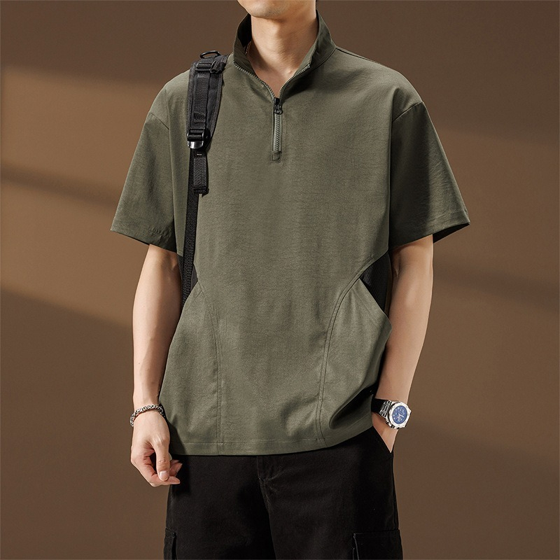 【簡約日系】夏季薄款冰絲速乾撞色口袋翻領男士T恤