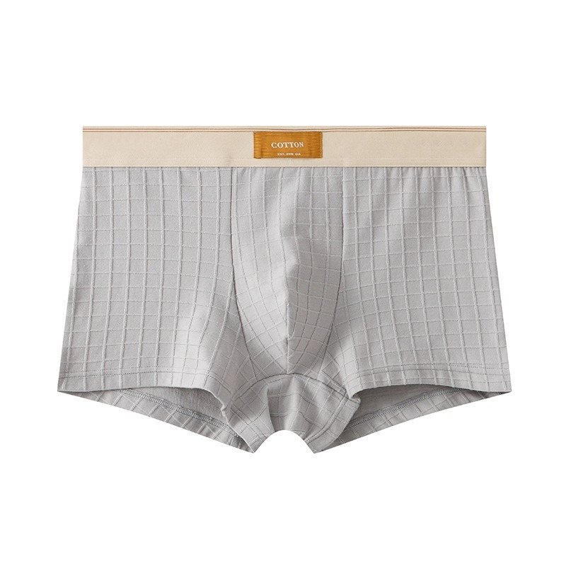 【純棉透氣系列】網孔內襠格紋中腰純色平角男士內褲